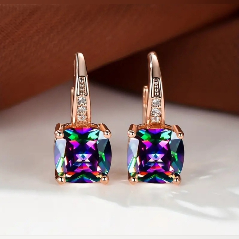 Mystic Rainbow Squarr Stone, Hoop Earrings.